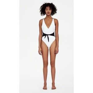 Zara Black And White One Piece Bikini Swimming Suit With Waist Tie Size M